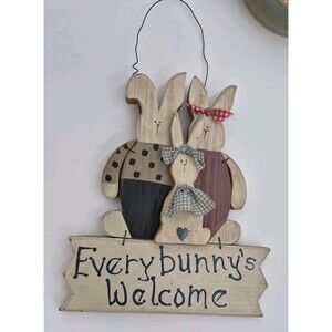 Vintage Rabbit Bunny Easter Spring "Every Bunny's Welcome" Wooden Door Sign